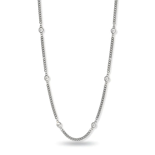 Sterling Silver Rhodium Plated Curb Chain Necklace with Bezel Set CZ Stones, 16 Inch with 2 Inch Extender, Lobster Clasp