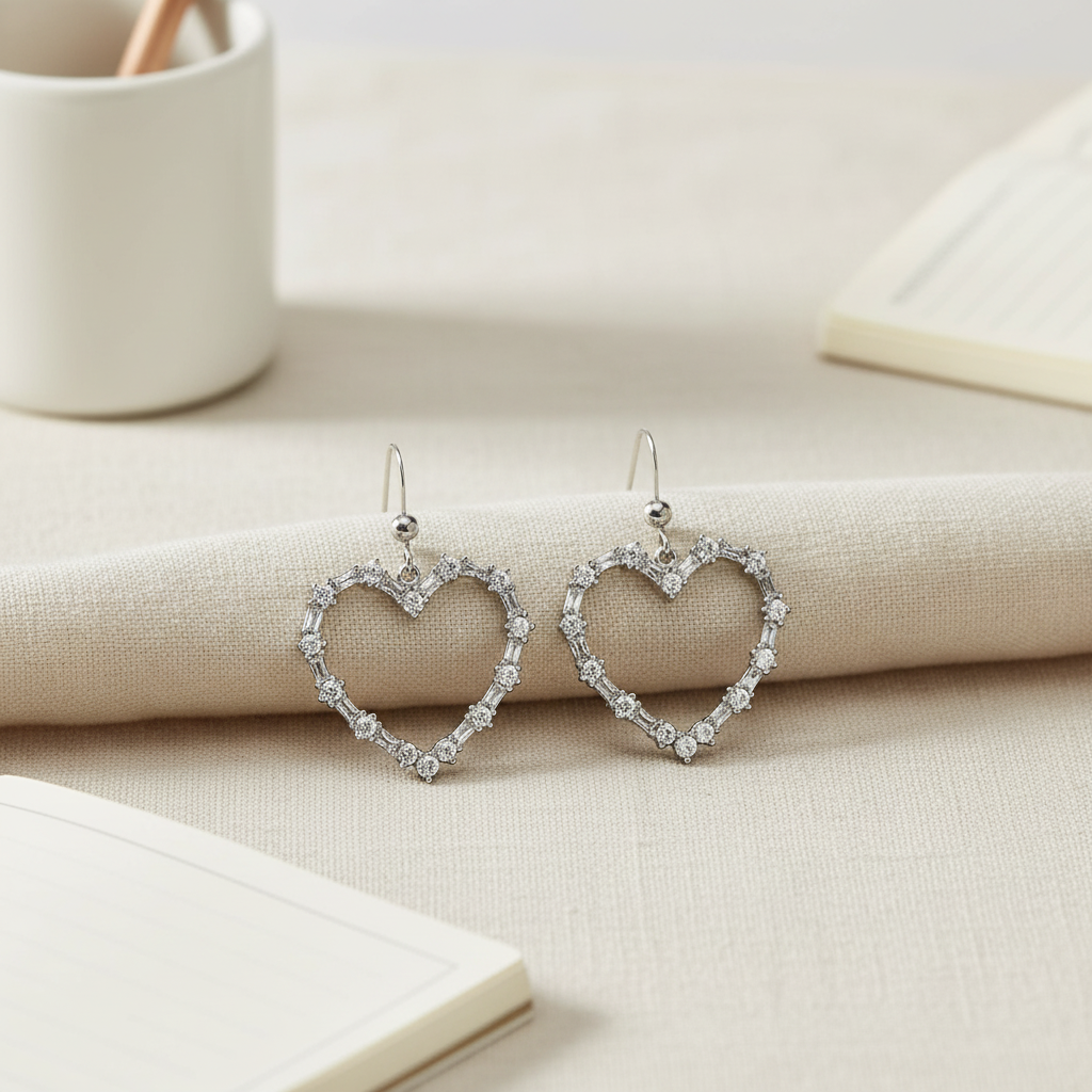 銀色水晶愛心耳環 - 書桌奶油色亞麻布背景