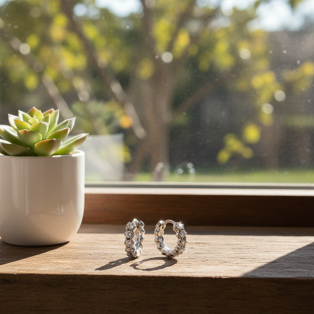 銀色水晶圈形耳環 - 窗台日光