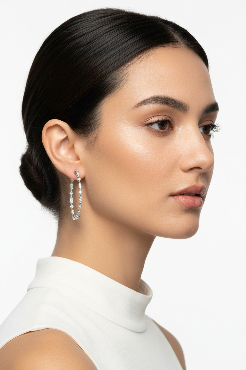 模特兒佩戴銀色復古花紋圈形耳環 - 正面姿態