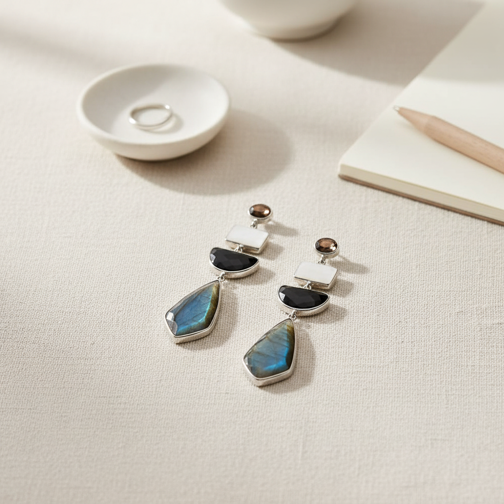 銀色多層寶石耳環 - 書桌奶油色亞麻布背景