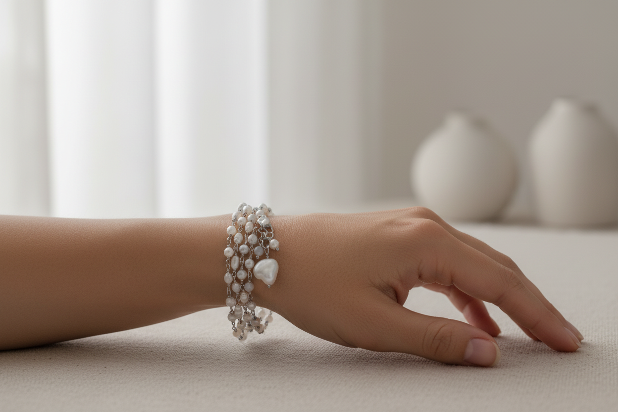 模特兒配戴多層珍珠手鍊