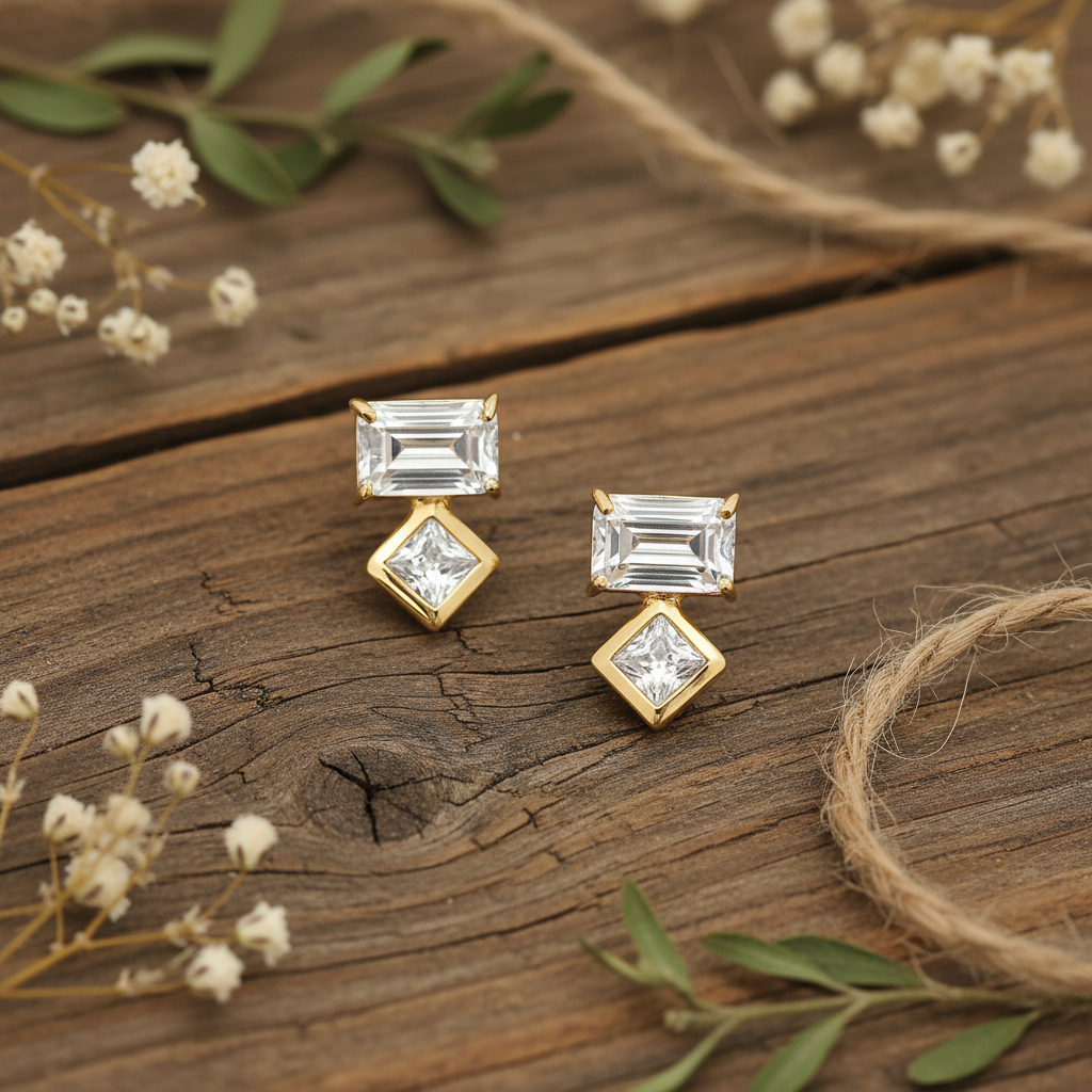 水晶耳釘 - 風化木質背景