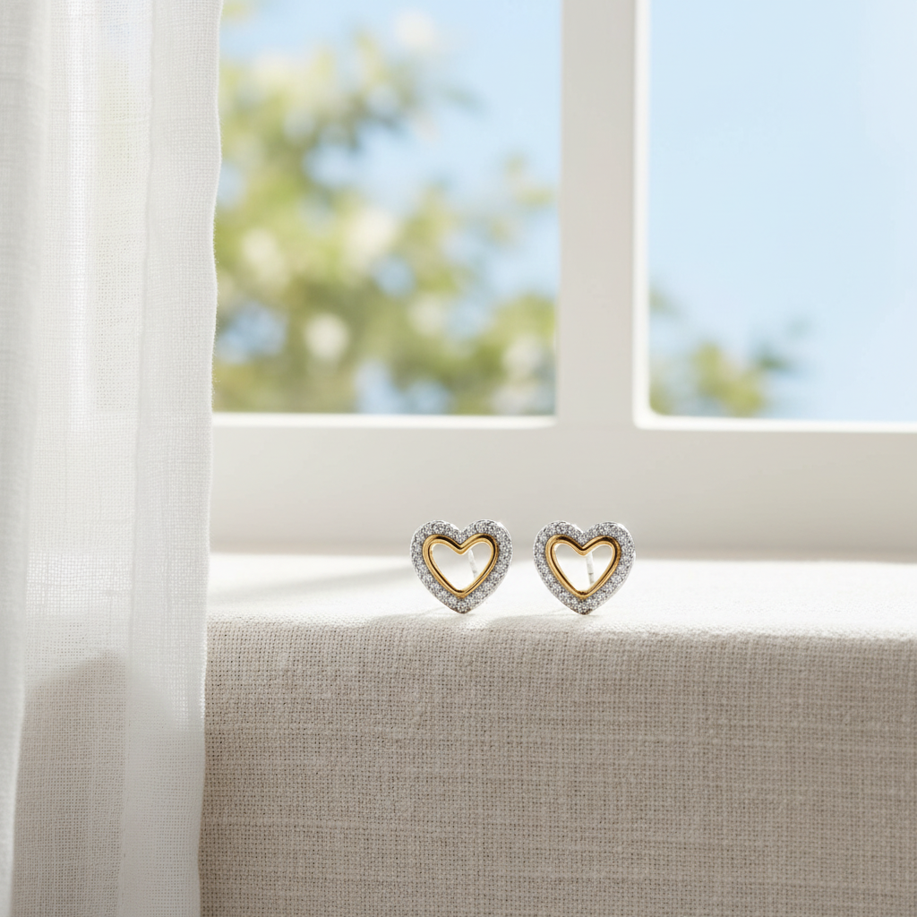 雙色愛心耳釘 - 窗邊自然光