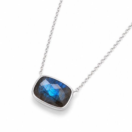 Faceted Labradorite Pendant Necklace 925 Sterling Silver 10.5x13mm 16+2in