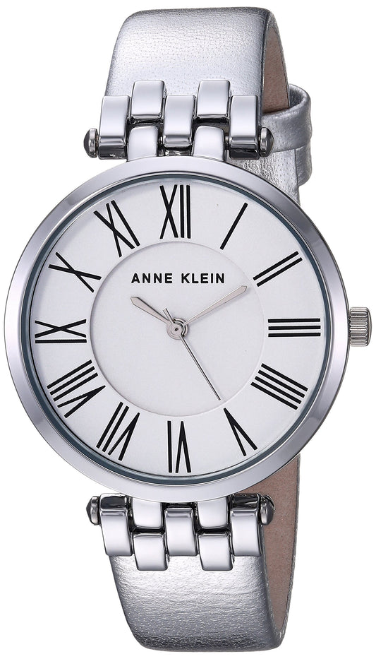 Anne Klein Women's AK/2619SVSI Metallic Leather-Strap Watch, Silver-Tone