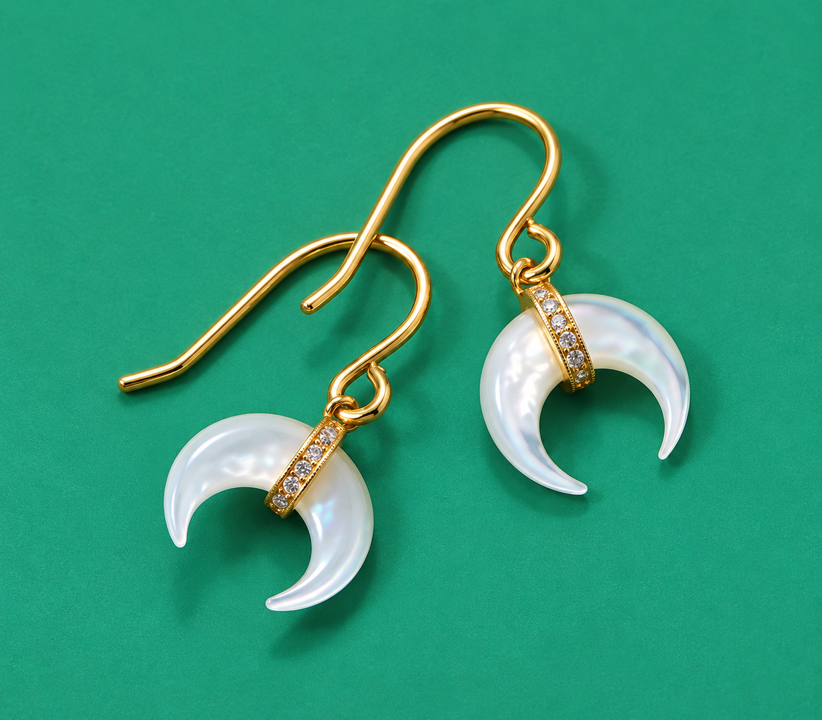 Mother of Pearl CZ Crescent Dangle Earrings 14K Gold Plated 925 Sterling Silver