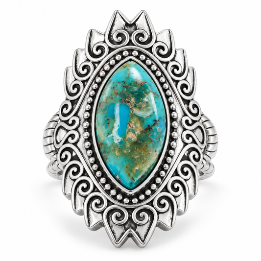 Reconstituted Turquoise Marquise Ring Oxidized 925 Silver Swirl Bead 15x8mm Sizes 6-9
