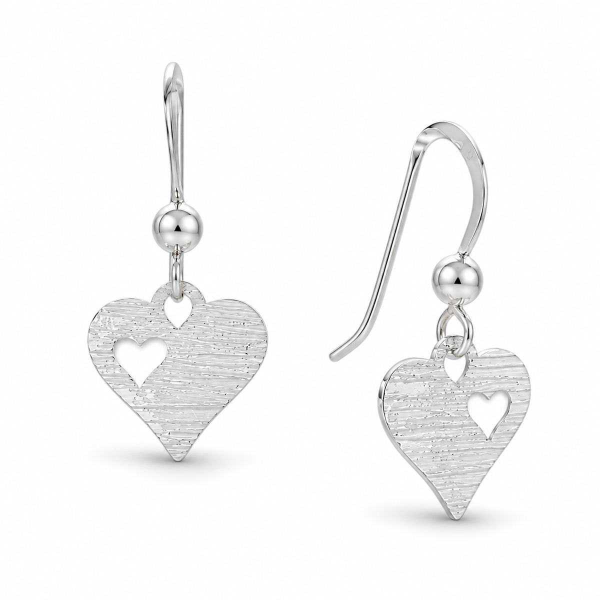 Laser Cut Heart French Wire Earrings 925 Sterling Silver 23.5mm