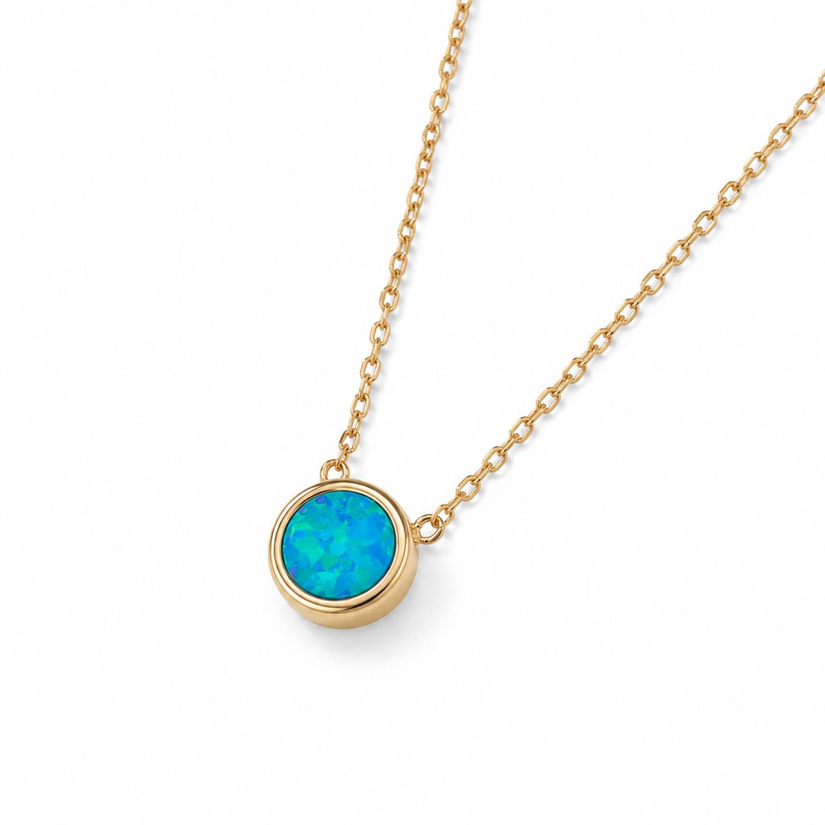 Mini Synthetic Blue Opal Circle Necklace 14K Gold Plated 925 Silver Bezel 6.8mm