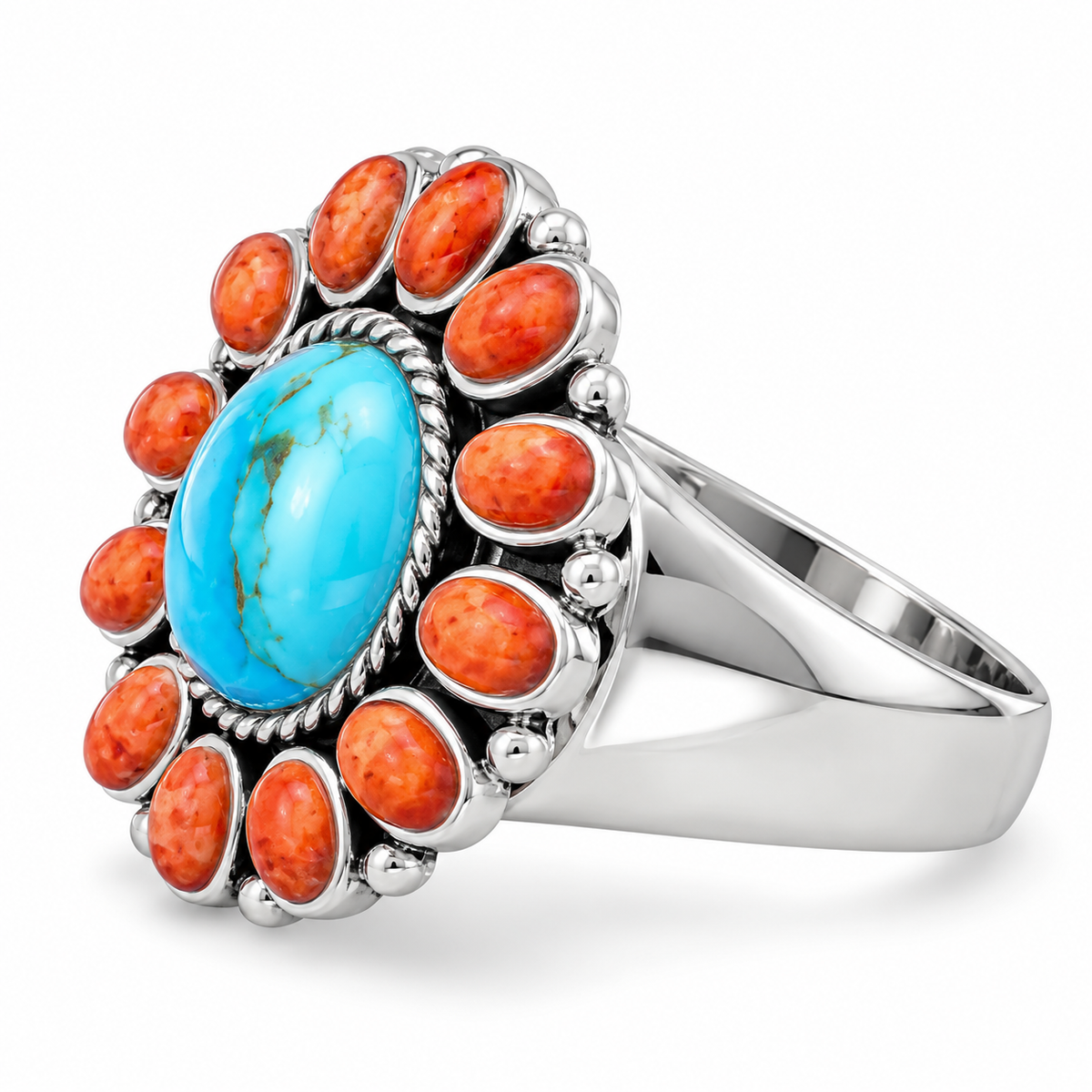 Oxidized Sunburst Ring 925 Silver Reconstituted Turquoise Coral 10mm 22mm