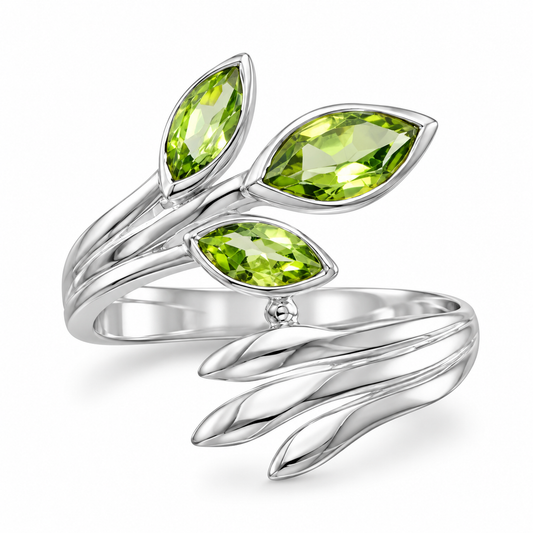 Fan Design Marquise Peridot Wrap Ring 925 Silver 30mm Three Stone Tapered