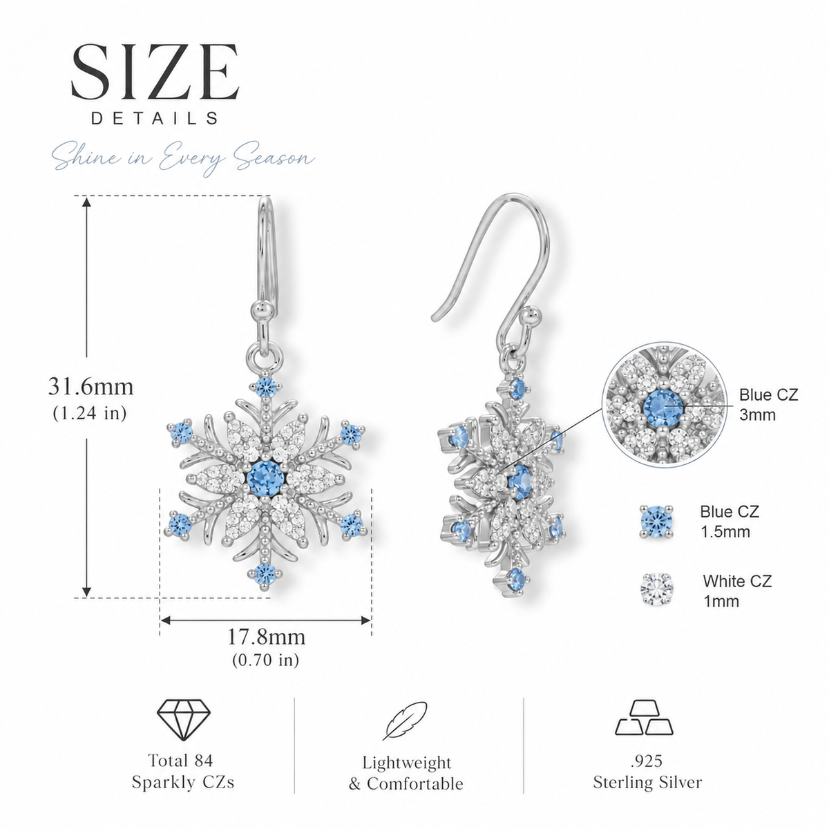 CZ Snowflake French Wire Earrings Rhodium Plated 925 Sterling Silver 31.6mm