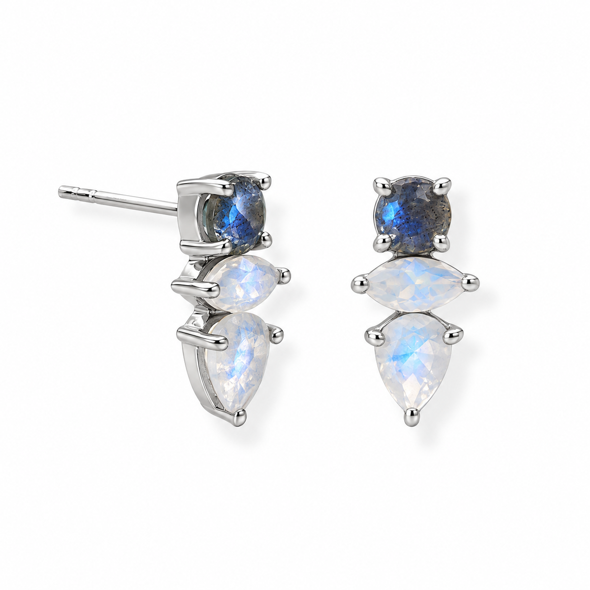 Labradorite Rainbow Moonstone Stud Earrings Rhodium Plated 925 Sterling Silver
