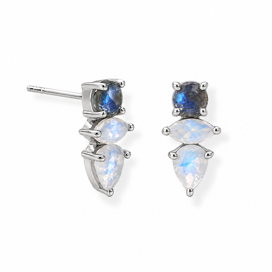 Labradorite Rainbow Moonstone Stud Earrings Rhodium Plated 925 Sterling Silver