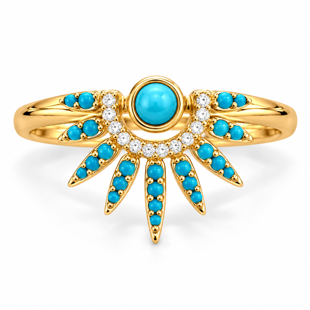 Synthetic Turquoise CZ Sunray Ring 14K Gold Plated 925 Silver 15.7x12.9mm Sizes 6-9