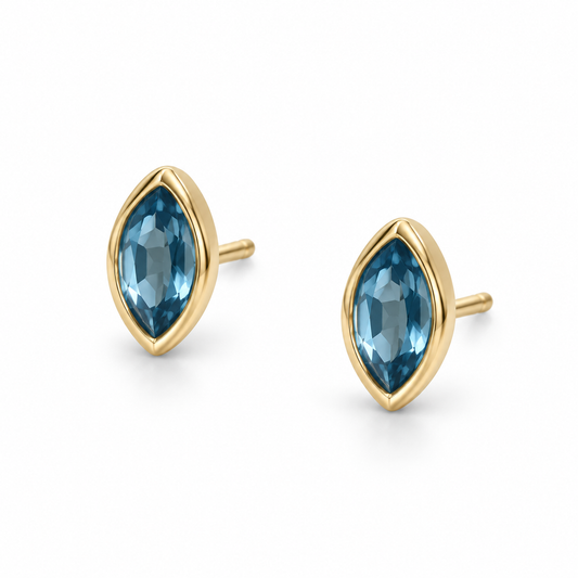 Blue Glass Marquise Stud Earrings 14K Gold Plated 925 Sterling Silver 6x3mm