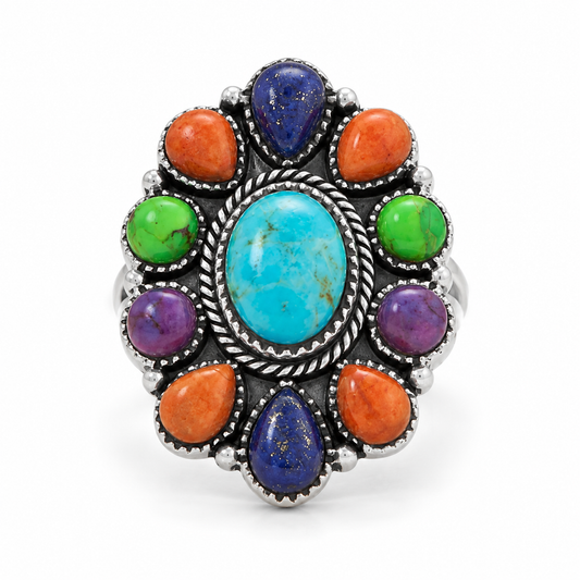 Oxidized Oval Multi Stone Flower Ring 925 Silver Reconstituted Turquoise Sizes 6-10