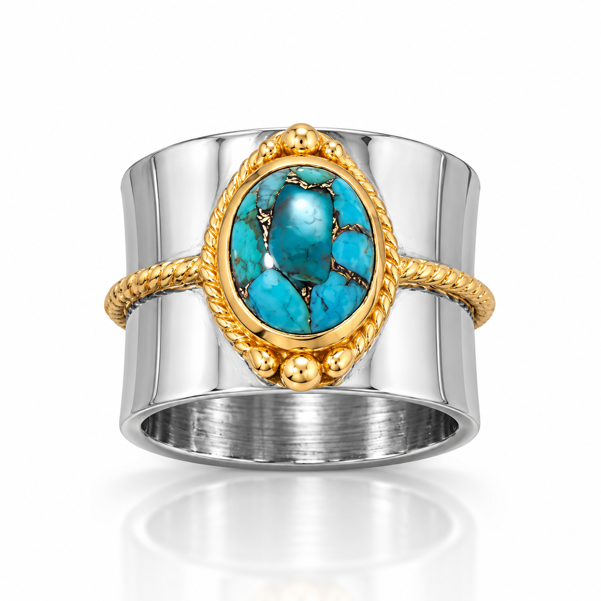 Two Tone 14K Gold Plated Rope Edge Stabilized Turquoise Ring 925 Silver 8x10mm 15.5mm Sizes 6-10