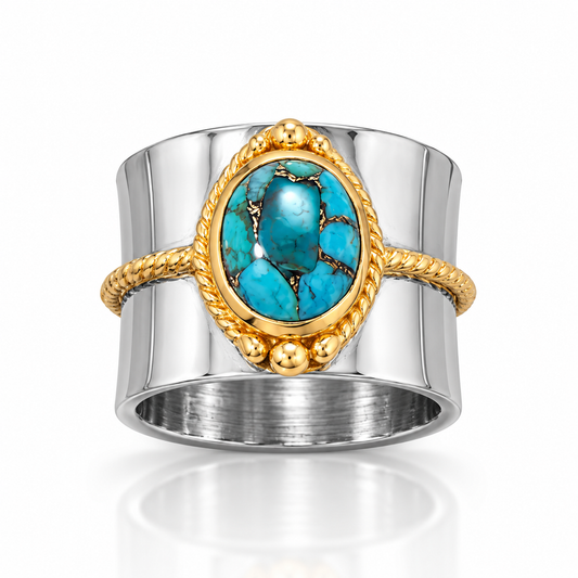 Two Tone 14K Gold Plated Rope Edge Stabilized Turquoise Ring 925 Silver 8x10mm 15.5mm Sizes 6-10