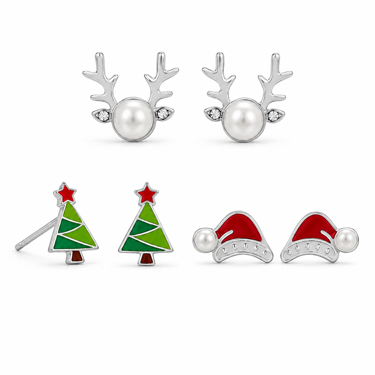 Christmas Enamel Studs 925 Sterling Silver Reindeer Santa Hat Tree 3 Pairs