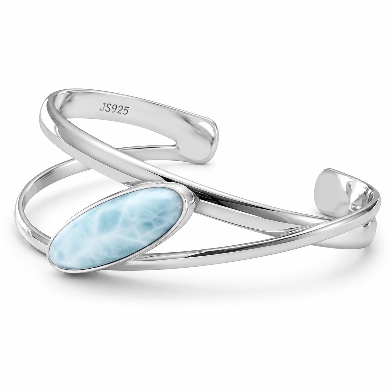 Large Oblong Larimar Cuff Bracelet 925 Sterling Silver 11x30mm Open Design