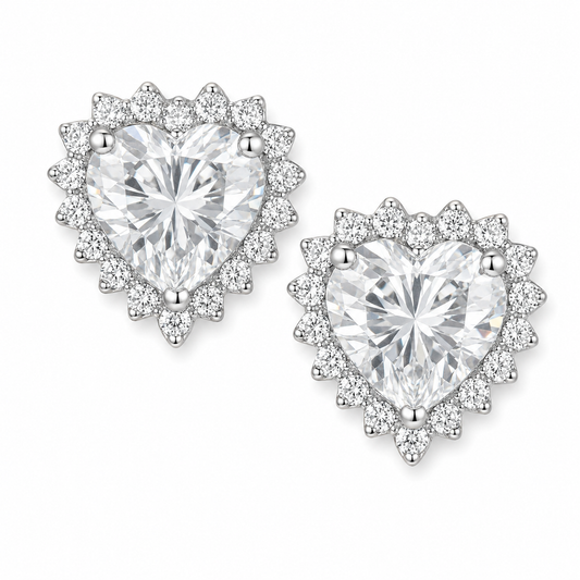 Pavé CZ Heart Halo Stud Earrings Rhodium Plated 925 Sterling Silver 8mm