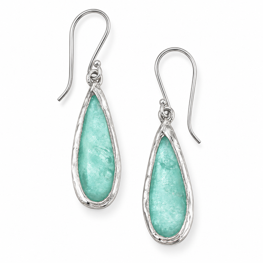 Green Roman Glass Polished Pear Drop Earrings 925 Sterling Silver 11x32mm w/ CoA