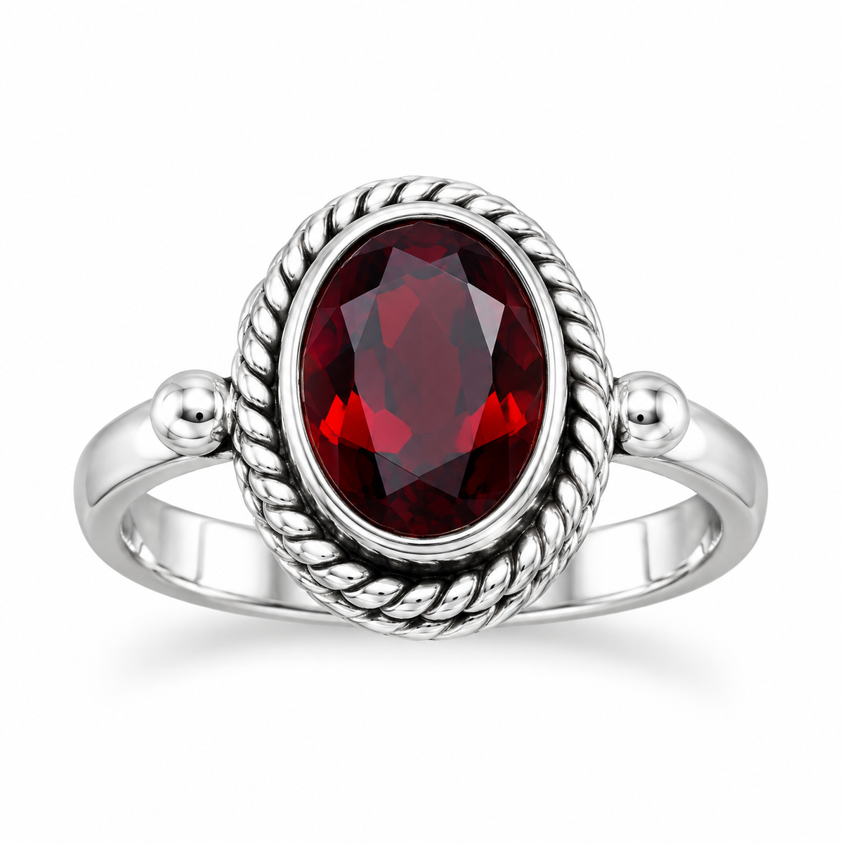 Faceted Oval Garnet Ring 925 Sterling Silver Rope Edge 9x6mm Sizes 4-9