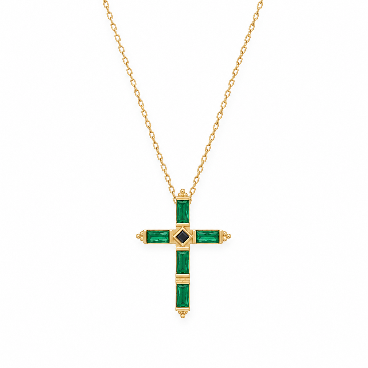Green CZ Baguette Cross Necklace 14K Gold Plated 925 Silver Black CZ 20x26.5mm