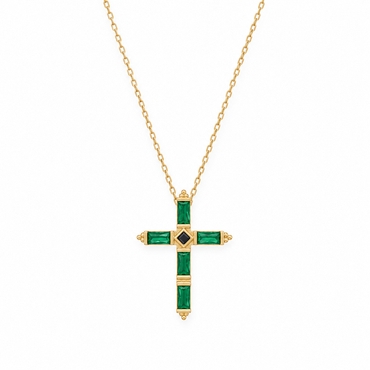 Green CZ Baguette Cross Necklace 14K Gold Plated 925 Silver Black CZ 20x26.5mm
