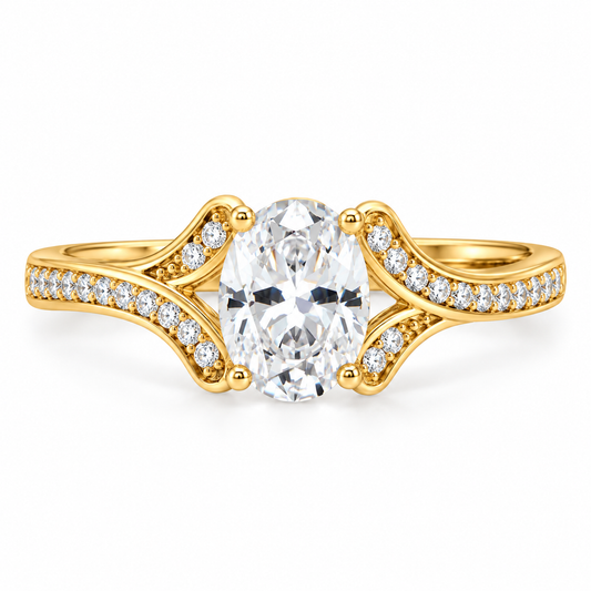 Oval CZ Solitaire Ring 14K Gold Plated 925 Silver 8x6mm 1mm Channel Band Sizes 6-9