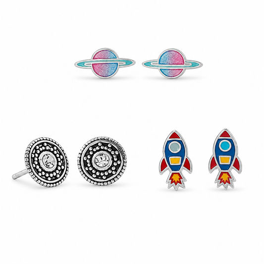 Space Theme Enamel Studs 925 Sterling Silver Rocket Planet Disc 3 Pairs
