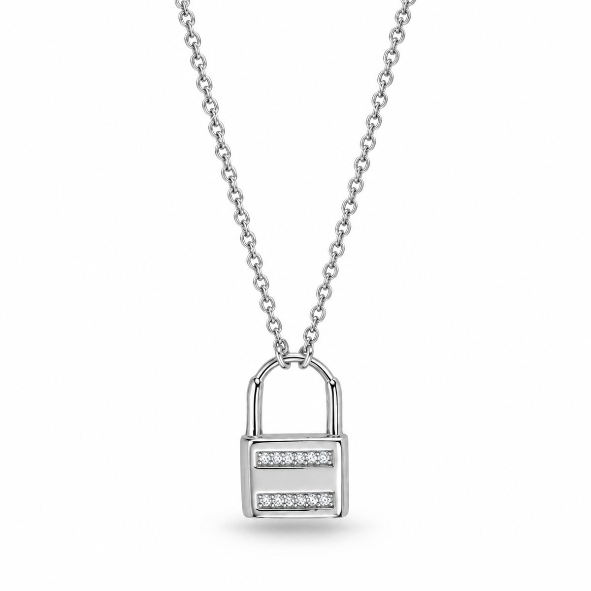 CZ Lock Necklace Rhodium 925 Sterling Silver Double-Sided Padlock 16+2in