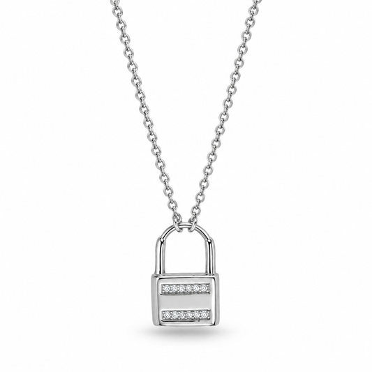 CZ Lock Necklace Rhodium 925 Sterling Silver Double-Sided Padlock 16+2in