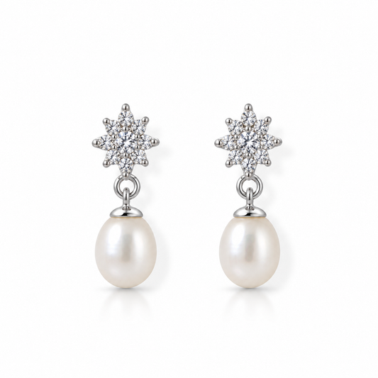CZ Flower Pearl Drop Earrings Rhodium Plated 925 Sterling Silver 35.6mm