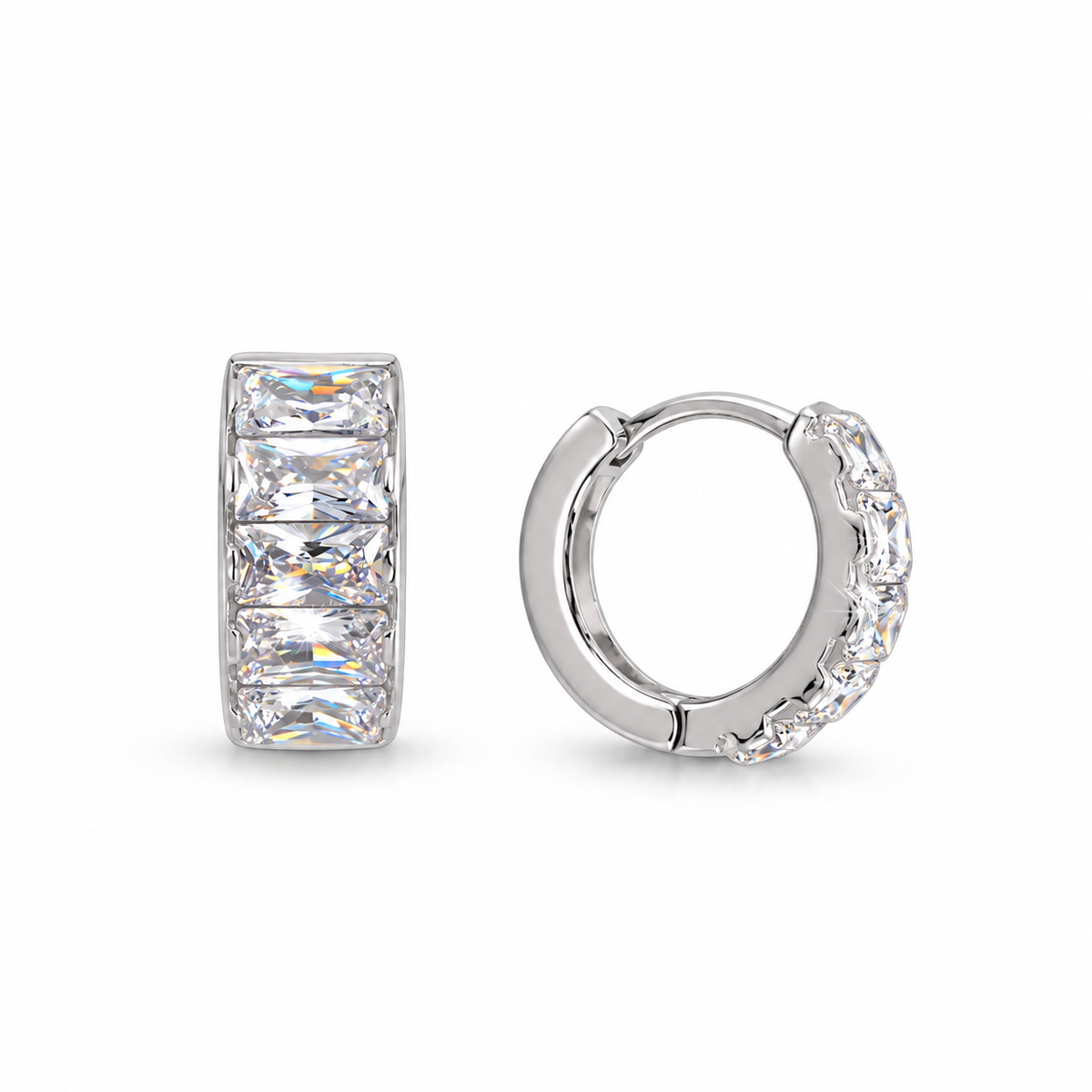 Baguette CZ Chunky Hoop Earrings Rhodium Plated 925 Sterling Silver 15mm
