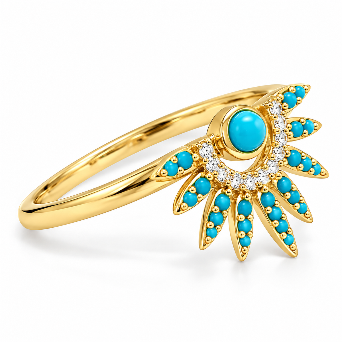 Synthetic Turquoise CZ Sunray Ring 14K Gold Plated 925 Silver 15.7x12.9mm Sizes 6-9