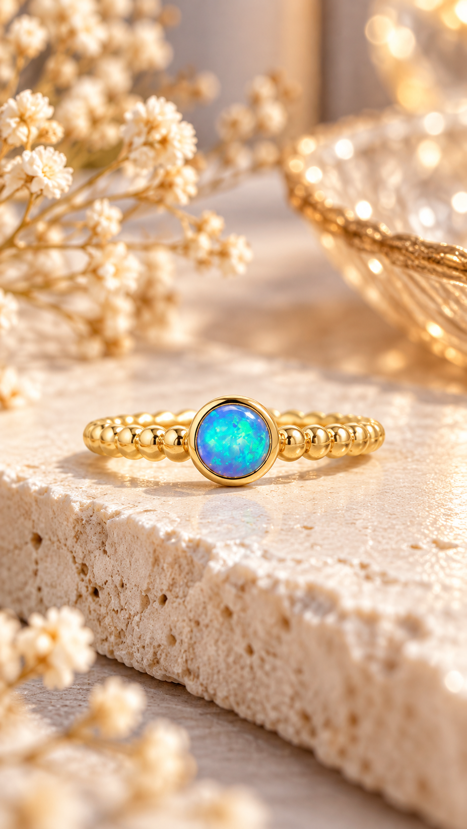 Synthetic Blue Opal Ring 14K Gold Plated 925 Silver 5mm Round 2mm Band Sizes 6-9
