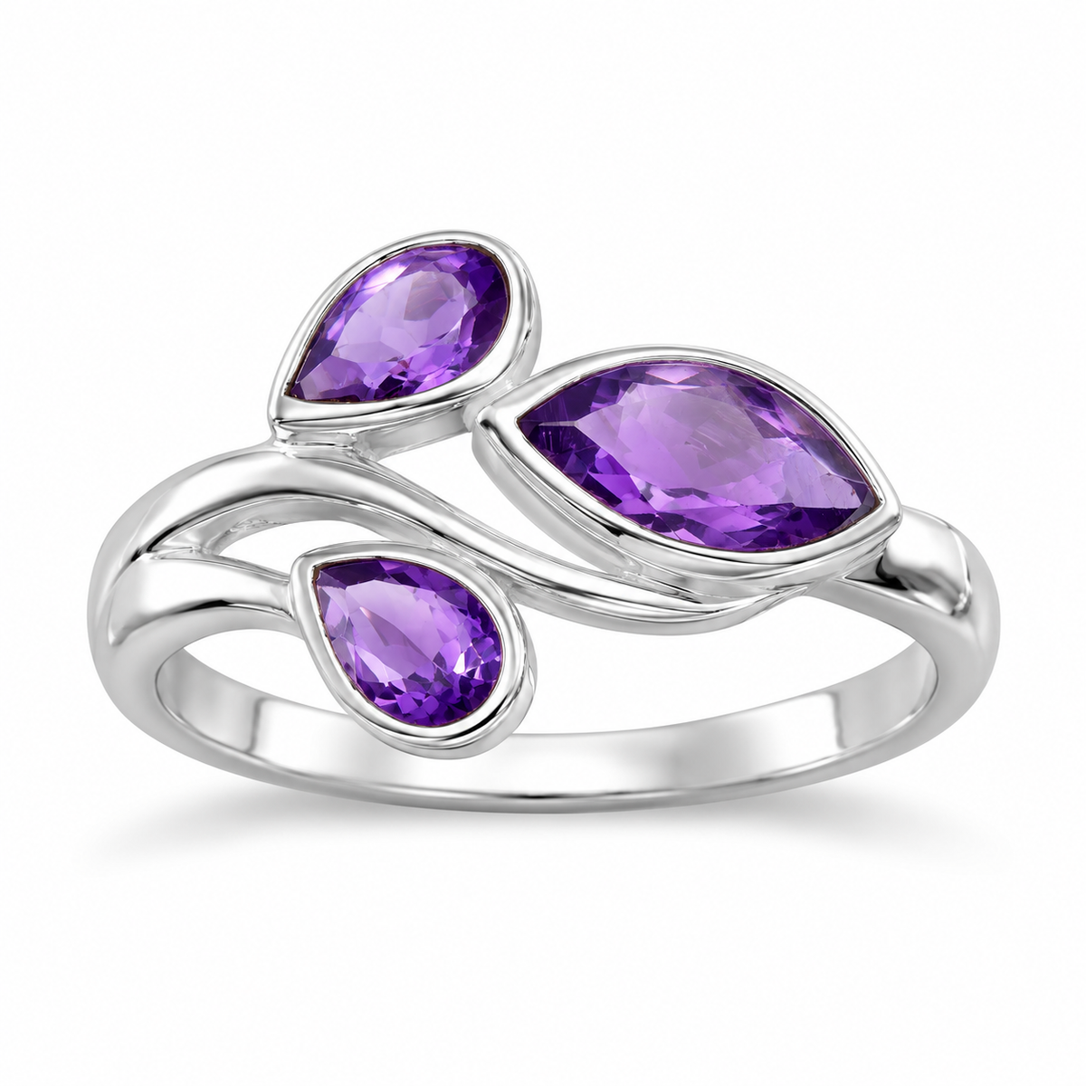 Three Stone Amethyst Ring 925 Silver Pear Marquise 3x5mm 4.5x8mm 1.5mm Band