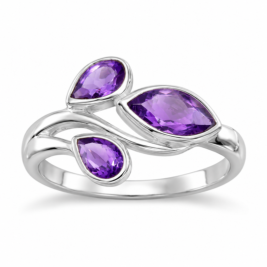 Three Stone Amethyst Ring 925 Silver Pear Marquise 3x5mm 4.5x8mm 1.5mm Band