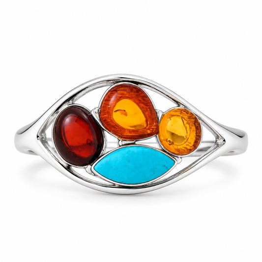 Baltic Amber Reconstituted Turquoise Cutout Ring 925 Silver Poland Sizes 6-9