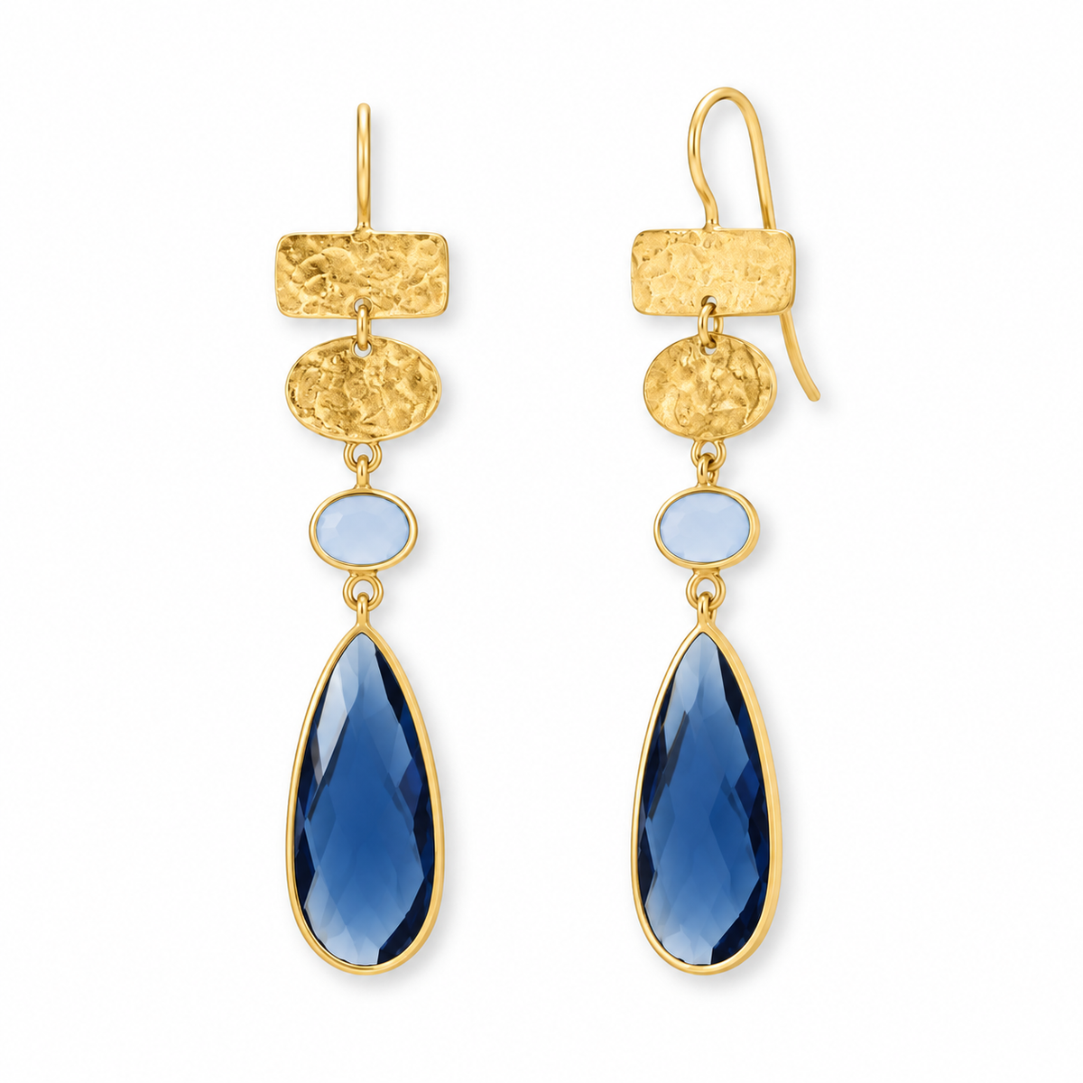 Blue Glass Chalcedony Drop Earrings 14K Gold Plated 925 Sterling Silver 66mm