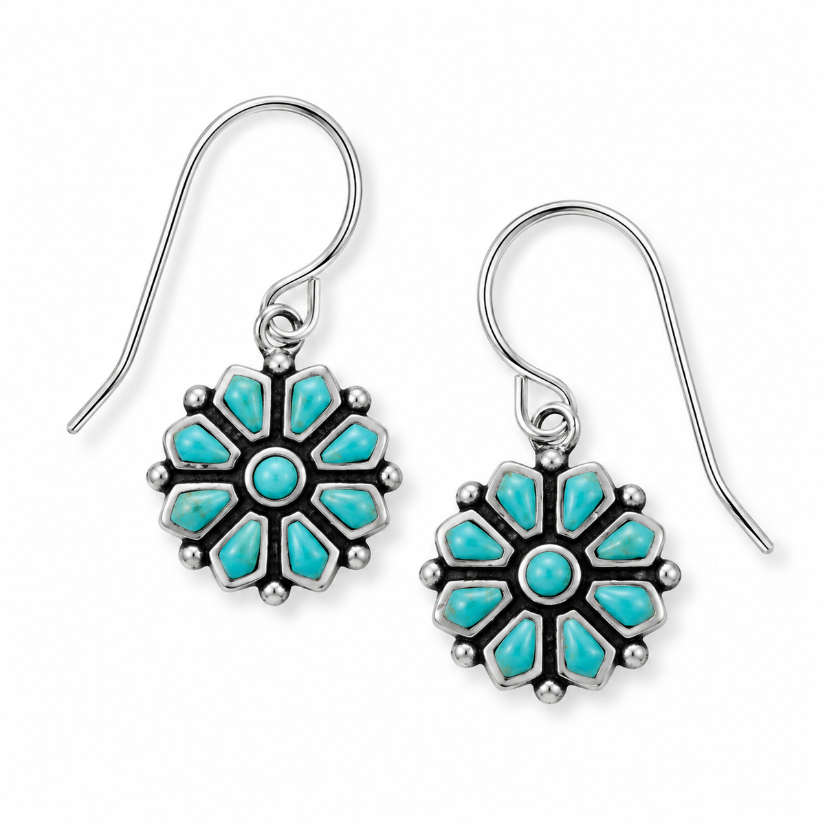 Reconstituted Turquoise Flower French Wire Earrings Oxidized 925 Silver 13mm