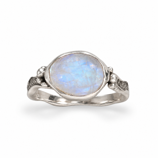 Oxidized Radiant Rainbow Moonstone Wavy Band Ring 925 Silver 9x11mm 2.5mm Sizes 6-9