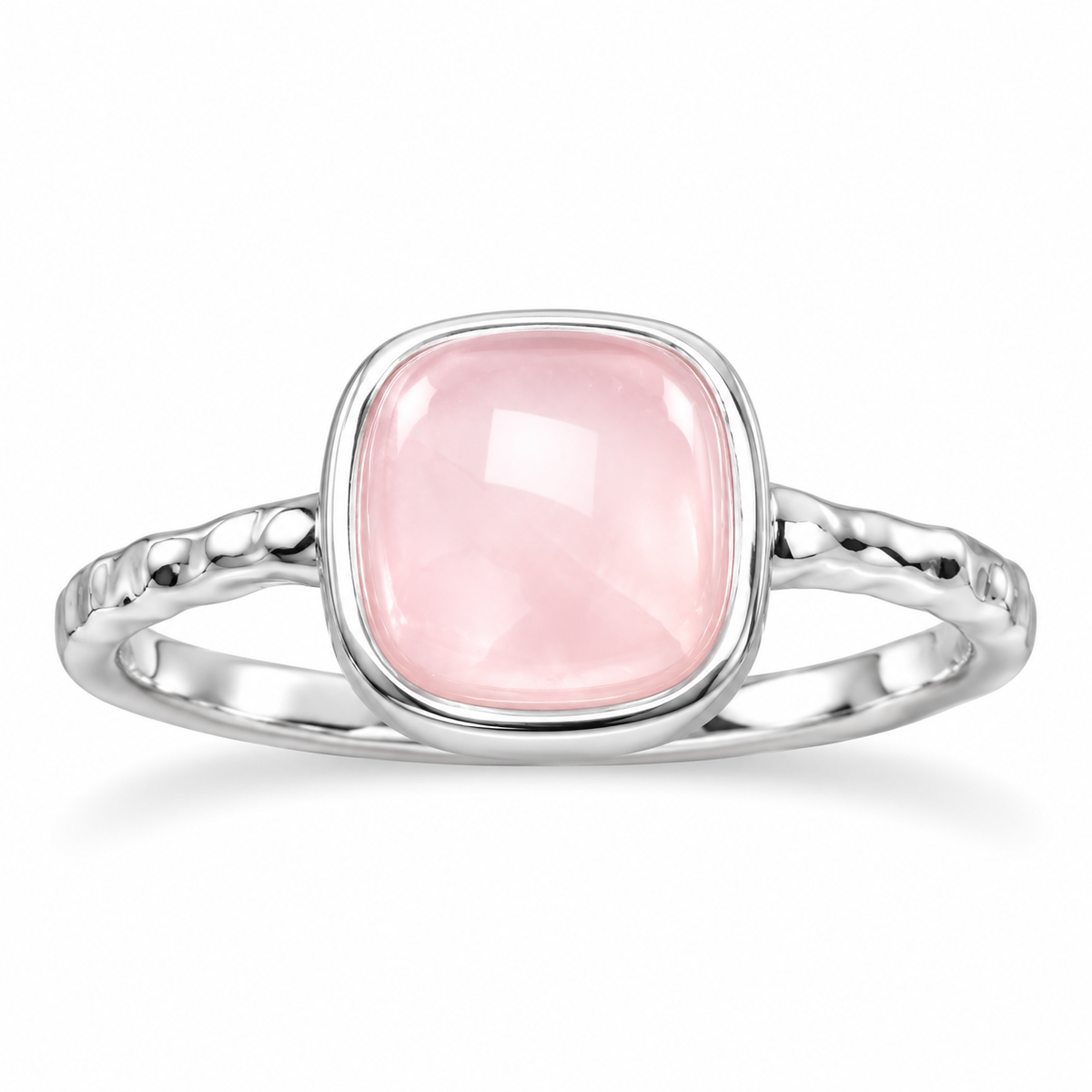 Cushion Cut Rose Quartz Ring 925 Sterling Silver Textured Band 7.5mm Sizes 6-9