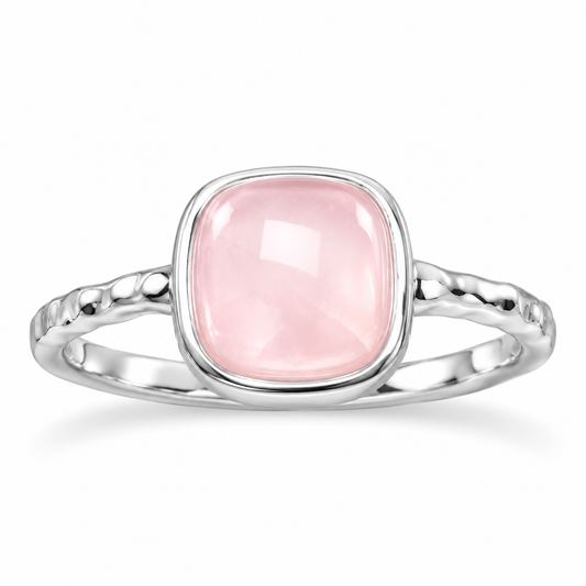 Cushion Cut Rose Quartz Ring 925 Sterling Silver Textured Band 7.5mm Sizes 6-9