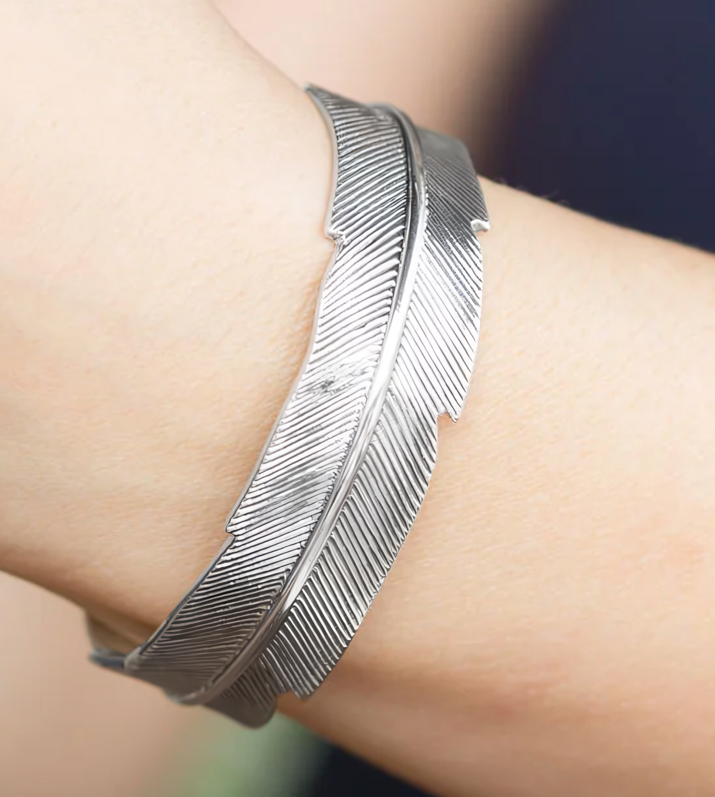 Oxidized Feather Cuff Bracelet 925 Sterling Silver 17mm Wide