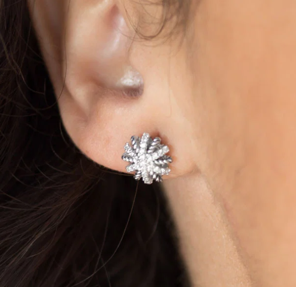 CZ Domed Starburst Stud Earrings Polished Oxidized 925 Sterling Silver 11mm
