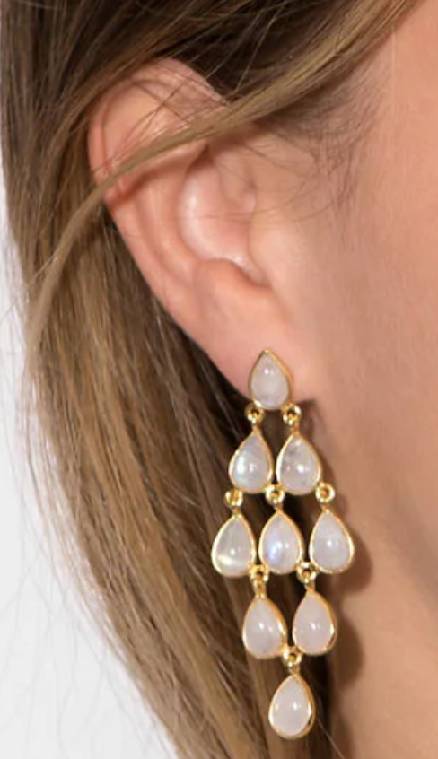 Rainbow Moonstone Chandelier Earrings 14K Gold Plated 925 Silver 9-Stone 2.5in